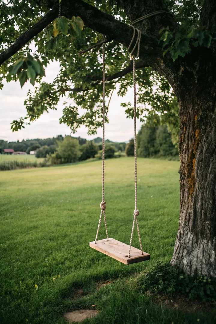 simple wooden disc seat hanging from a thick braided rope on a single tree branch