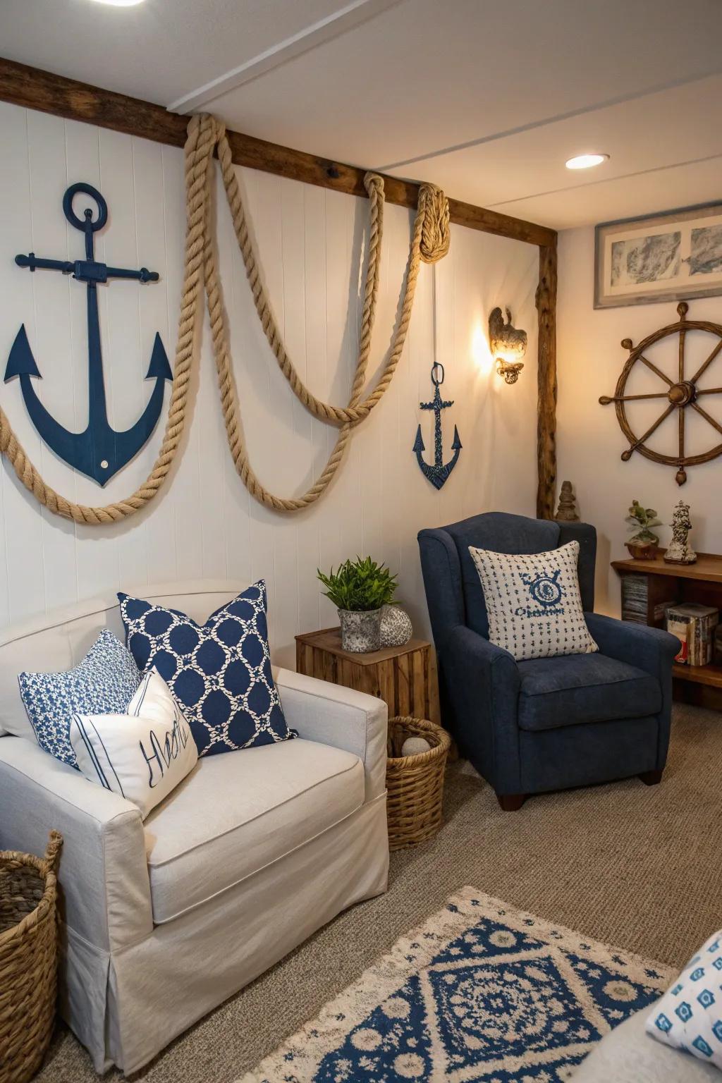 A living room featuring nautical decor like ropes and anchors.