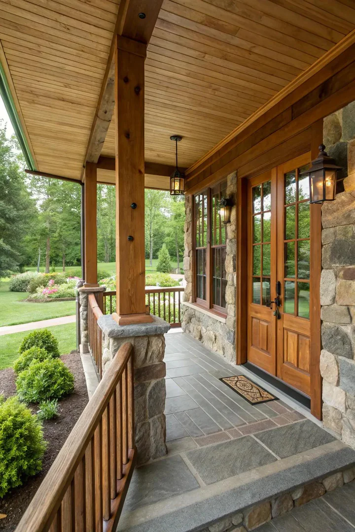 Front porch decorated with rattan baskets, woven jute accents, and driftwood