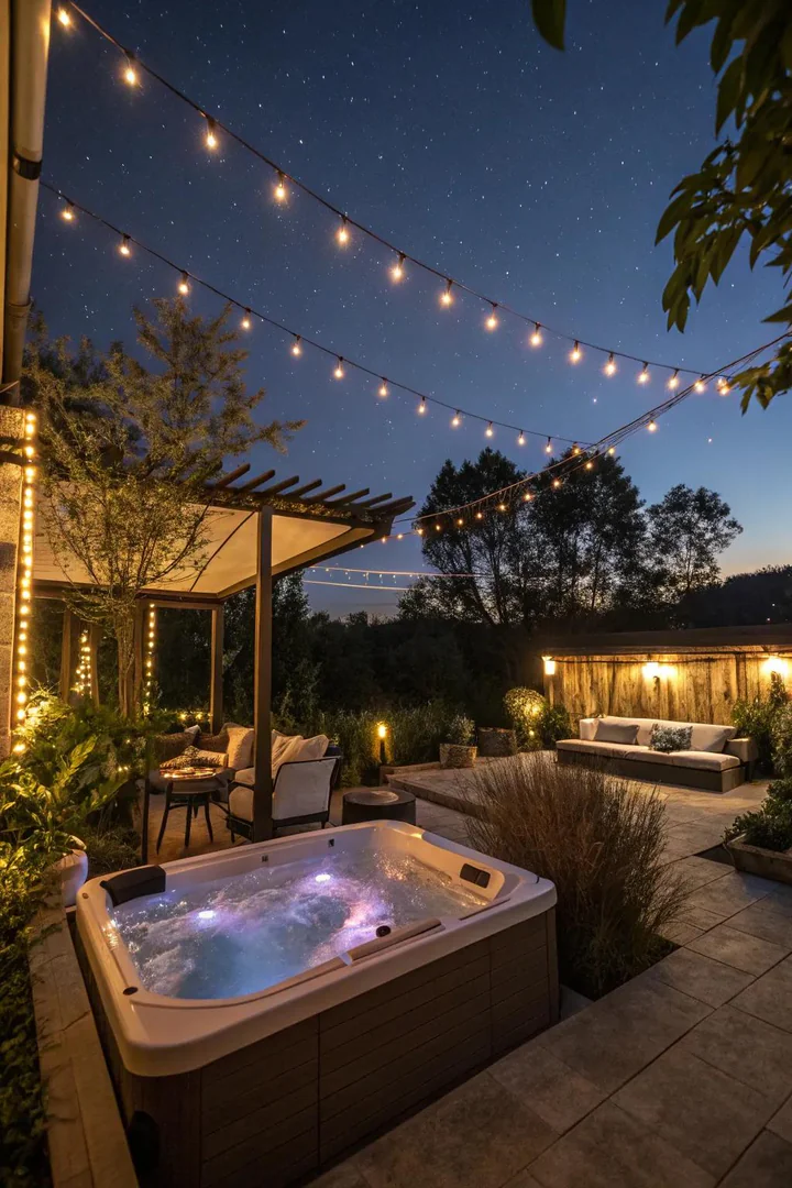 Hot tub area illuminated with path lights, uplights, and string lights at dusk