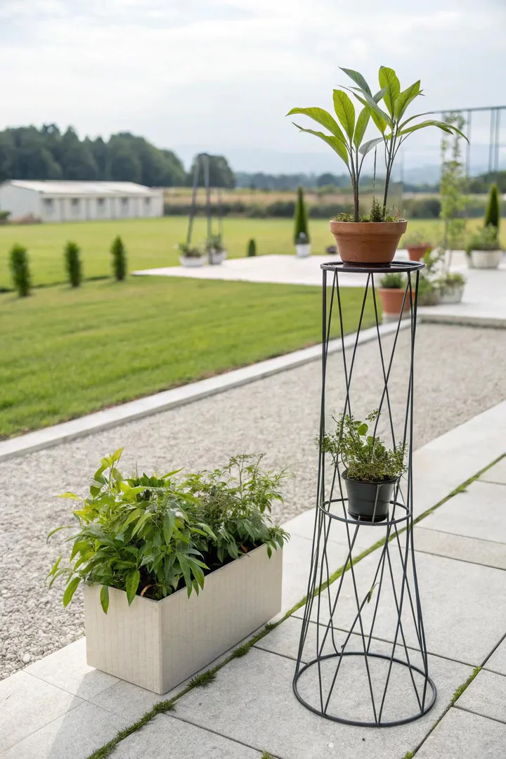 Black wire frame plant stand holding multiple terracotta pots on circular tiers