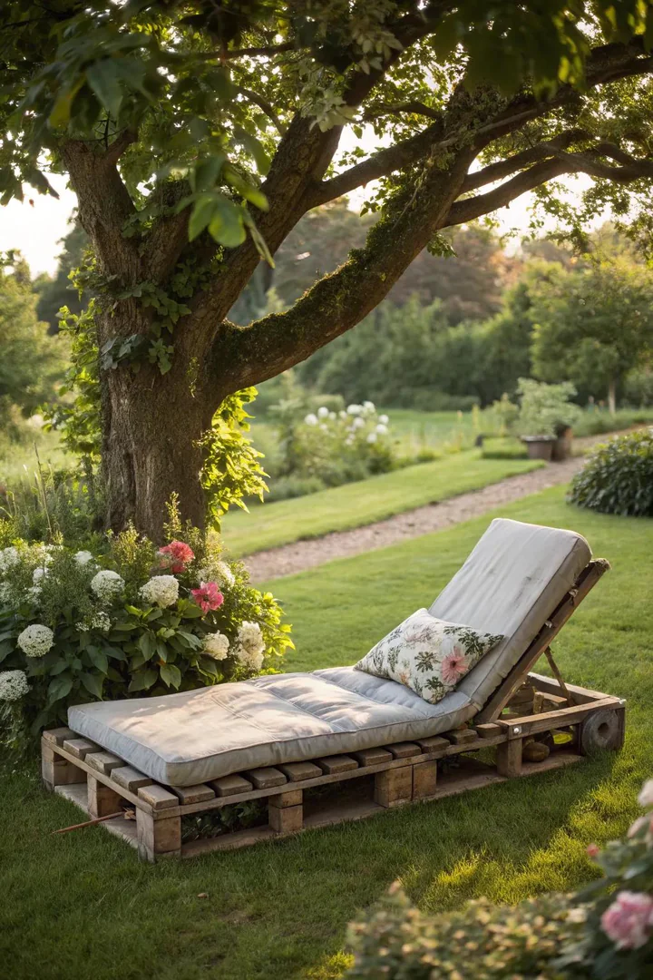 Reclining pallet lounger with angled backrest and cushions in a garden