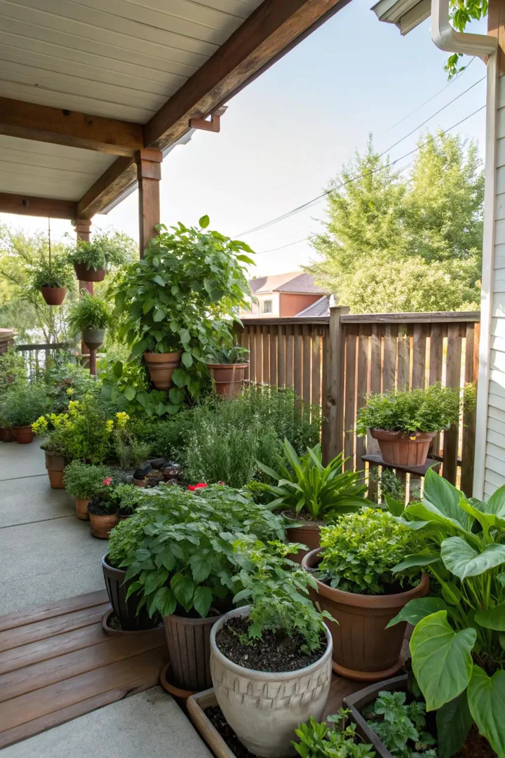 front porch filled with grouped potted plants at varying heights including ferns, coleus, and geraniums