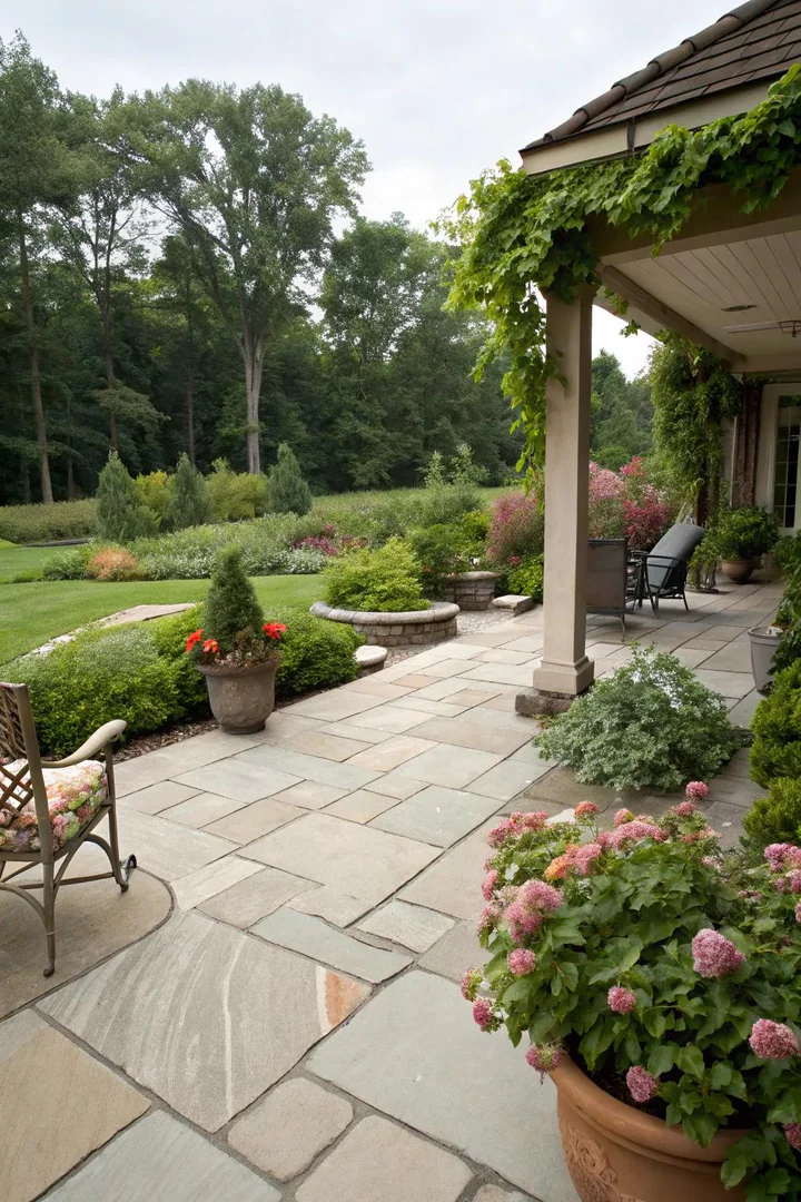 small patio with irregular flagstone pieces set in sand with ground-cover plants between joints