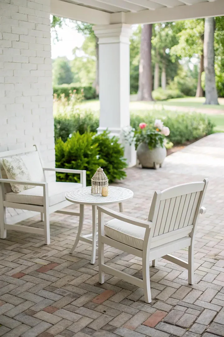 small brick patio with lime-washed white bricks and navy blue outdoor cushions