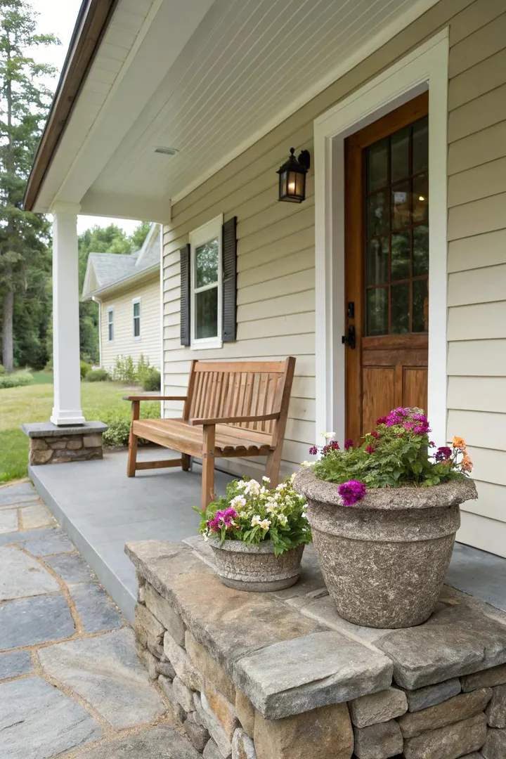 small front porch with natural stone steps and a cedar planter box with ornamental grasses