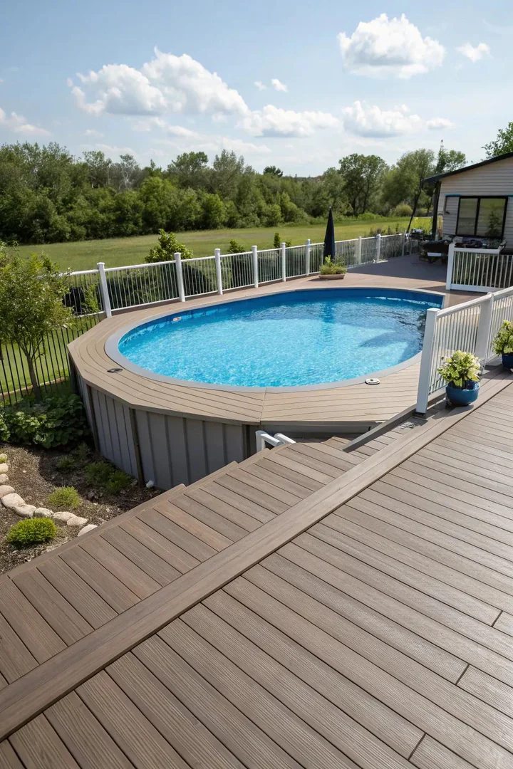 above-ground pool with a composite decking surround in gray with matching composite railing
