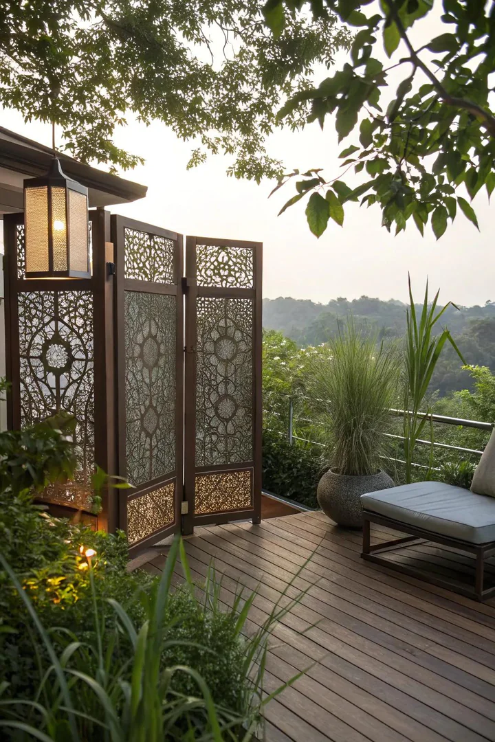 Deck with horizontal slat privacy screen made from cedar boards and steel posts