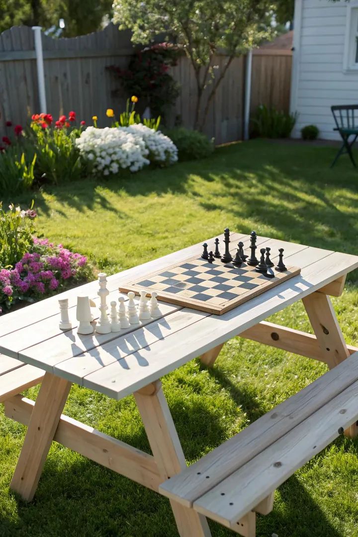 outdoor picnic table with a built-in chessboard inlay made from alternating maple and walnut squares