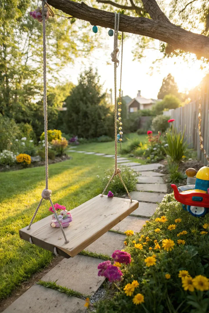 large square wooden platform swing suspended by four chains from a heavy beam