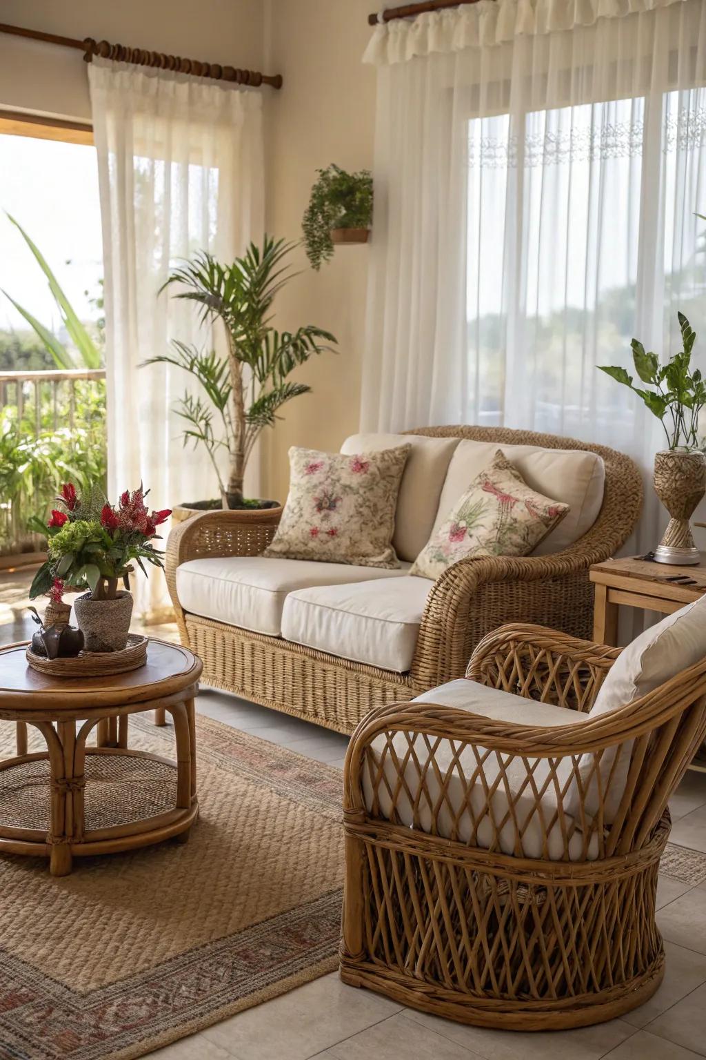A living room showcasing rattan and wicker furniture.