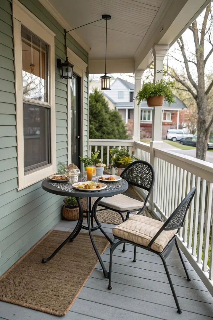 Small bistro table and two chairs set up as a dining area on a front porch