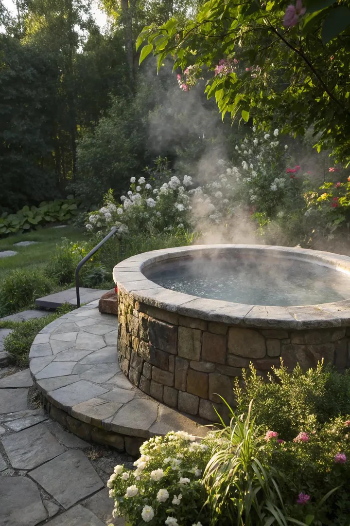 Hot tub surrounded by stacked natural stone walls and a flagstone patio surface
