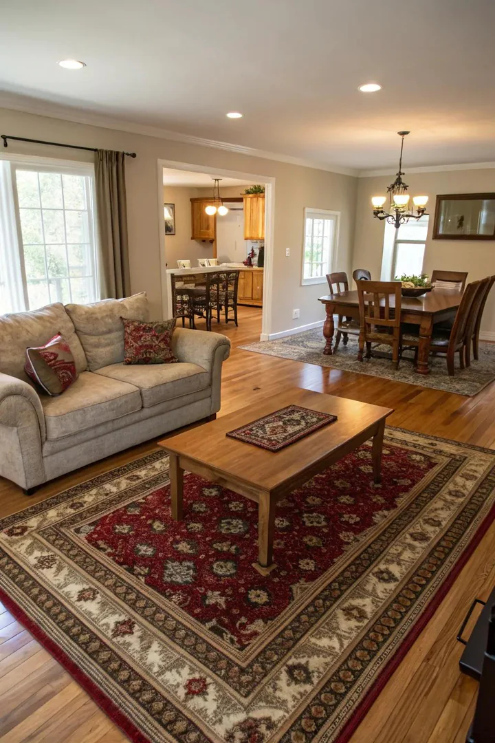 An open living and dining area with rugs subtly defining each space.
