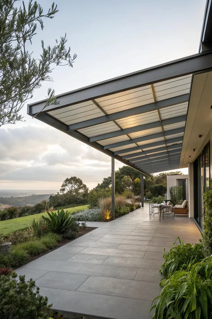 cantilevered metal roof extending from house wall over patio without front support posts