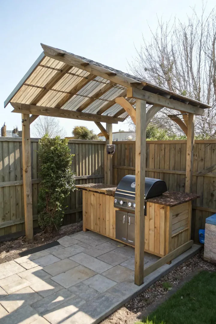 half-roof pergola with one side covered in metal panels and the other side open lattice