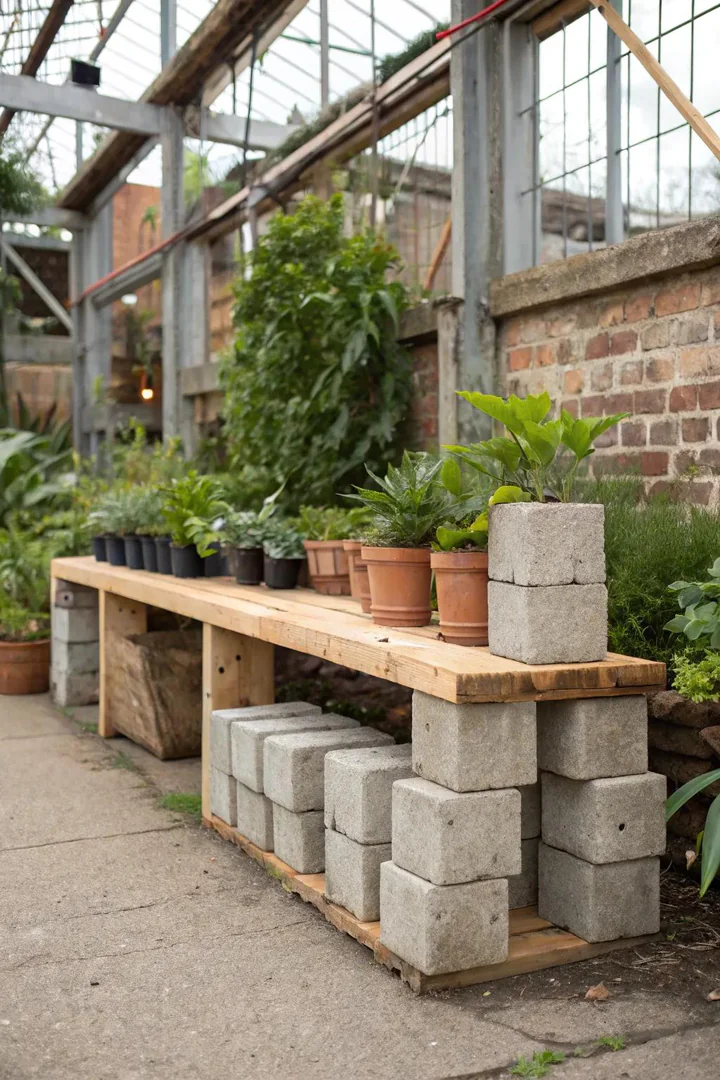 Cinder block and wood plank bench with plants displayed on and around it