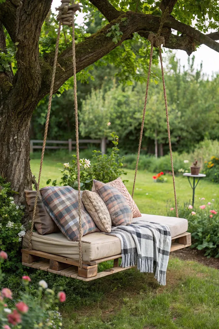 Pallet swing hanging from ropes on a tree branch or porch beam