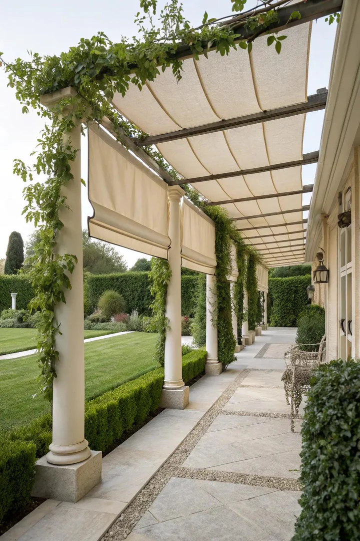 Outdoor Roman shade panels hanging from a pergola beam in a structured fold pattern