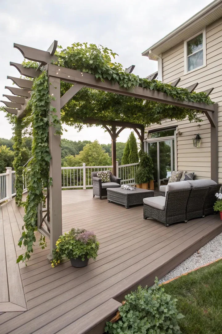 A pergola over a composite deck creates a cozy, shaded retreat.
