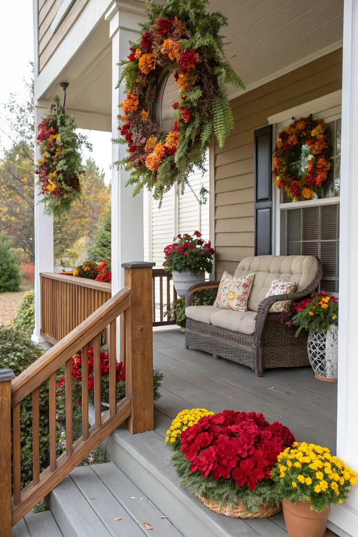 front porch decorated for fall with pumpkins, dried corn stalks, and a wreath on the door