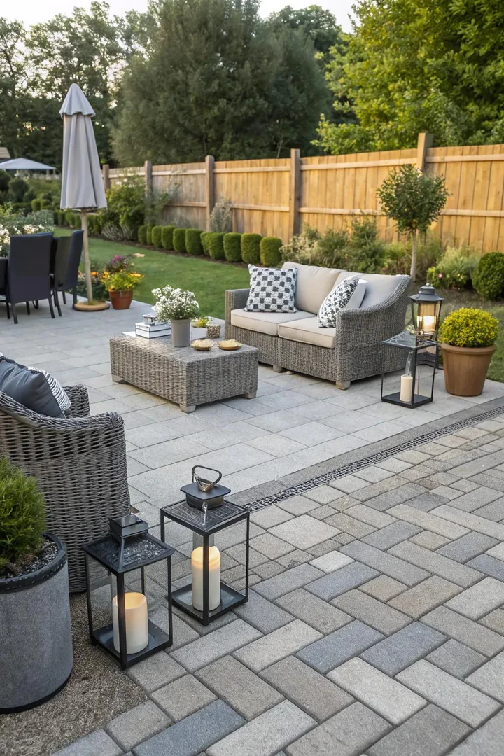 small patio with two-tone interlocking pavers arranged in a pinwheel pattern
