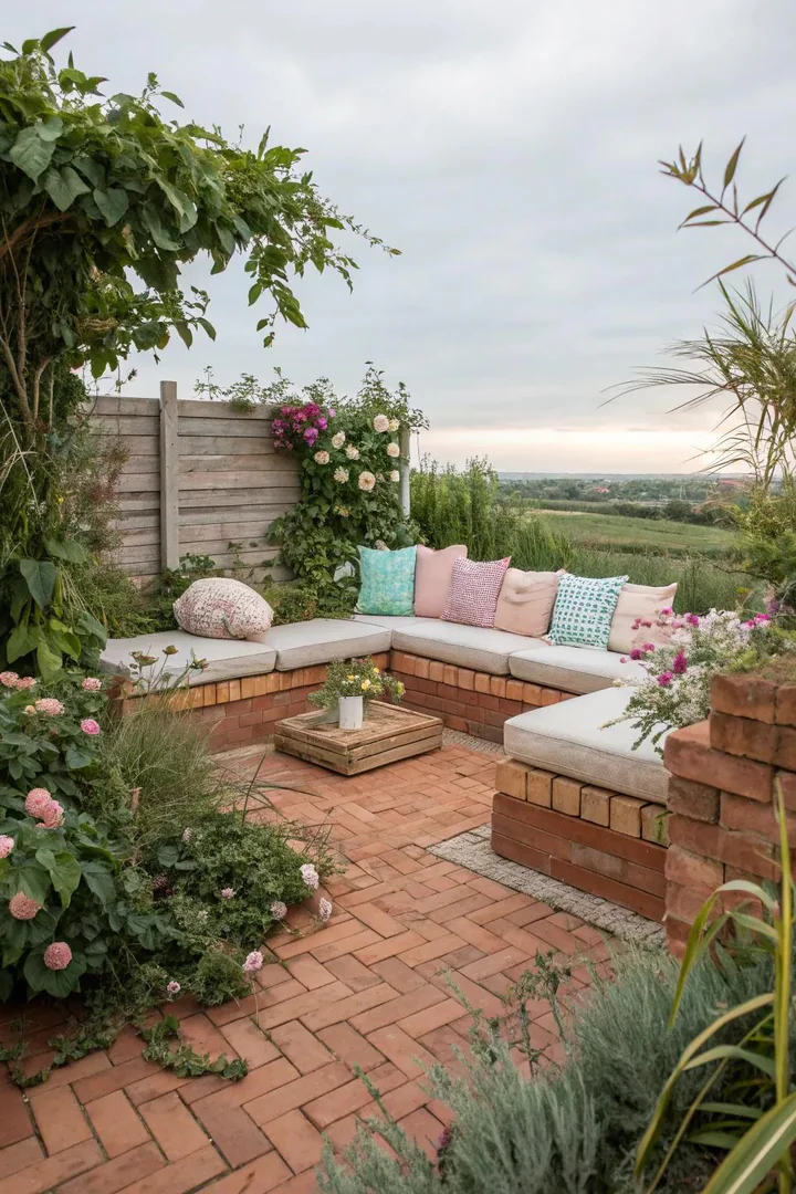 small brick patio with L-shaped built-in brick bench seating and outdoor cushions