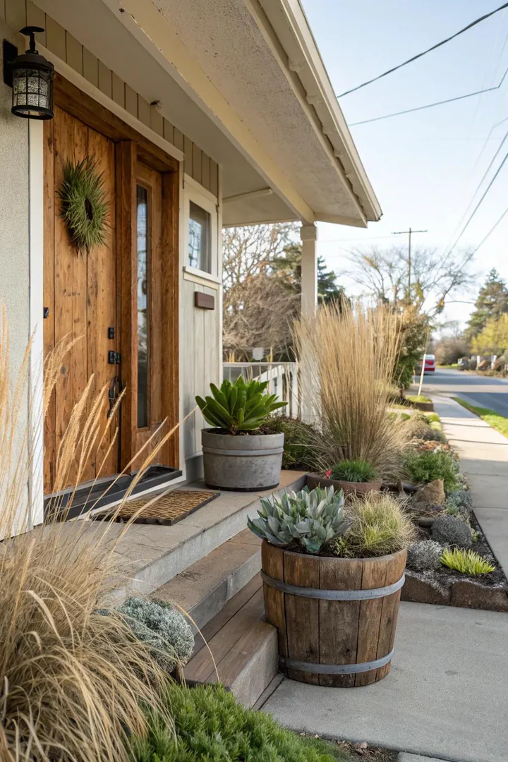 small front porch with drought-tolerant succulents and evergreen shrubs in matching gray pots