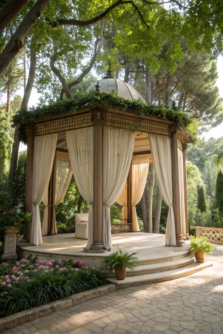 Pavilion with lattice privacy walls and climbing vines on two sides