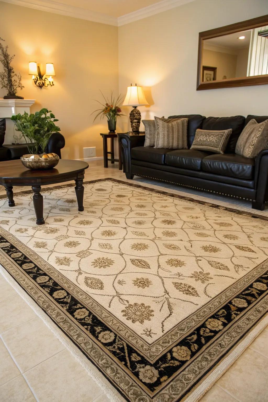 A patterned rug adds personality to this elegant living room.