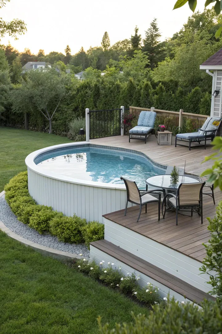 raised above-ground pool deck at pool-rim height with stairs and a matching wooden railing