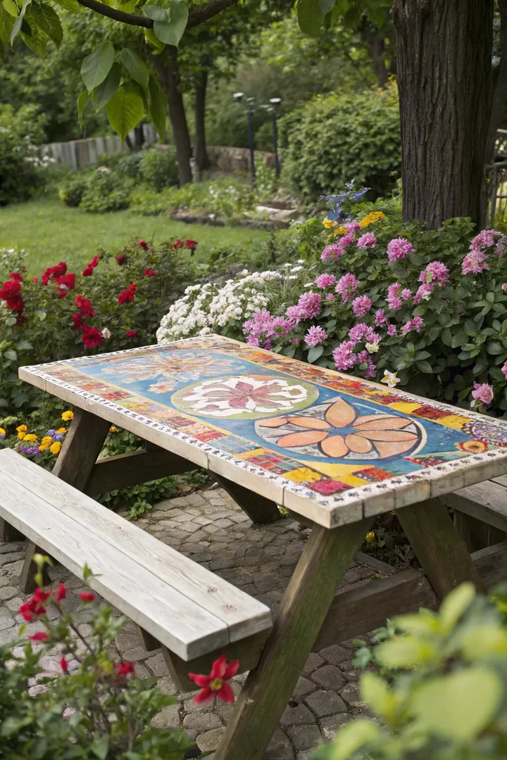 outdoor picnic table with a colorful hand-tiled tabletop showing geometric patterns in blue, yellow, and red