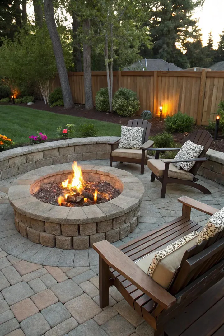 Fire pit built from interlocking retaining wall blocks in a circular pattern