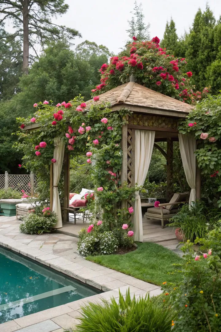 Pool cabana surrounded by dense garden plantings with climbing roses and potted ferns