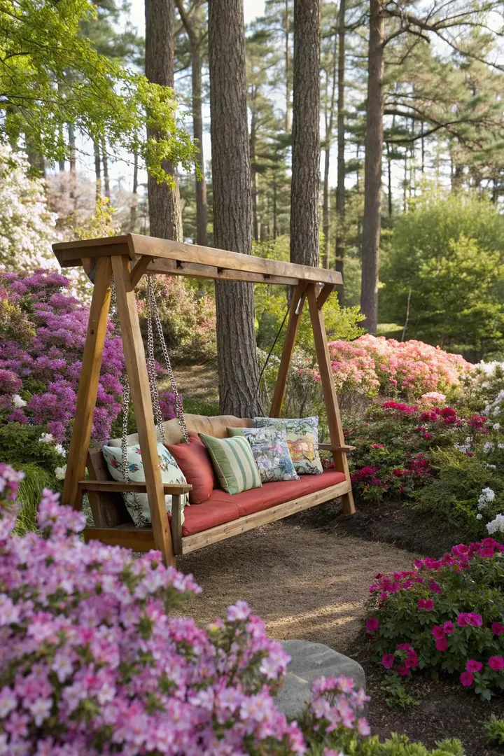 wooden garden swing bench with armrests hanging from a freestanding wooden frame in a flower bed
