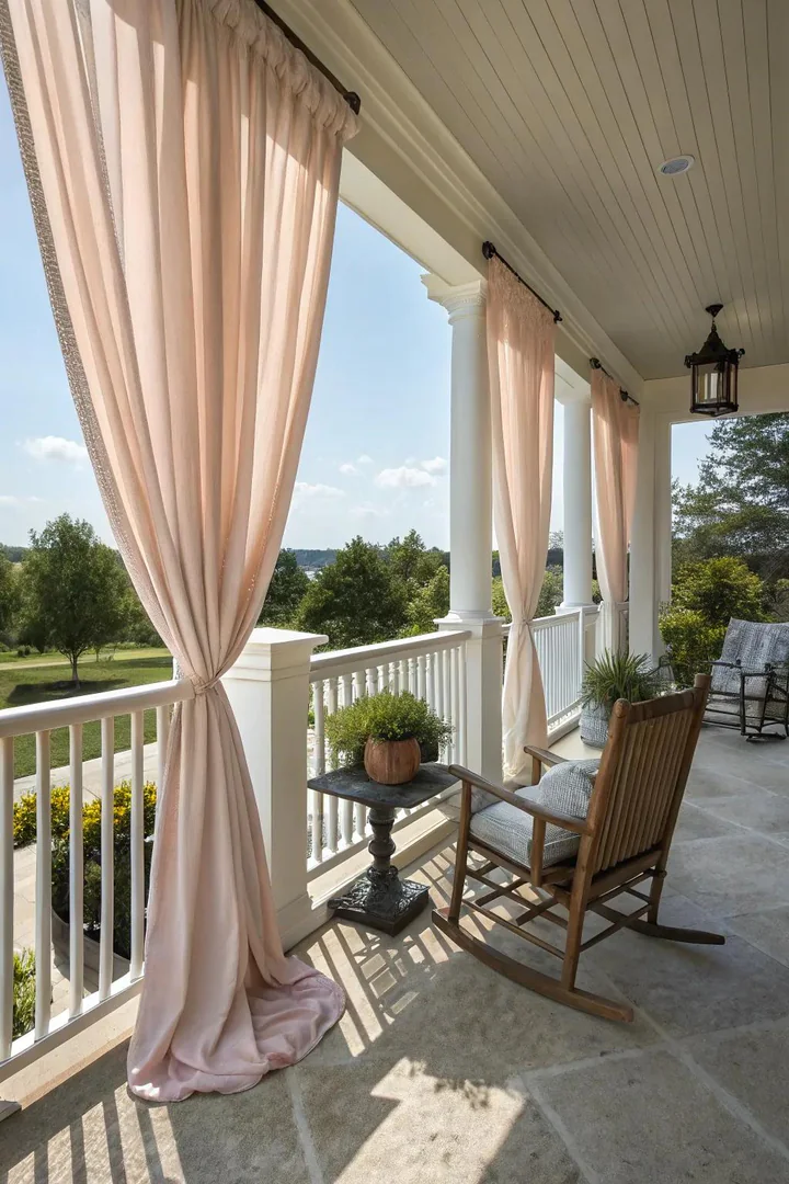 Sheer outdoor drapes hung between front porch columns for soft privacy screening