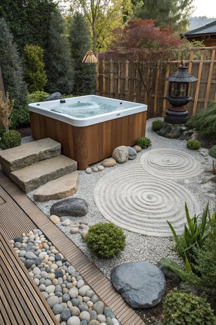 Hot tub set in a zen garden with raked gravel, boulders, and a Japanese maple
