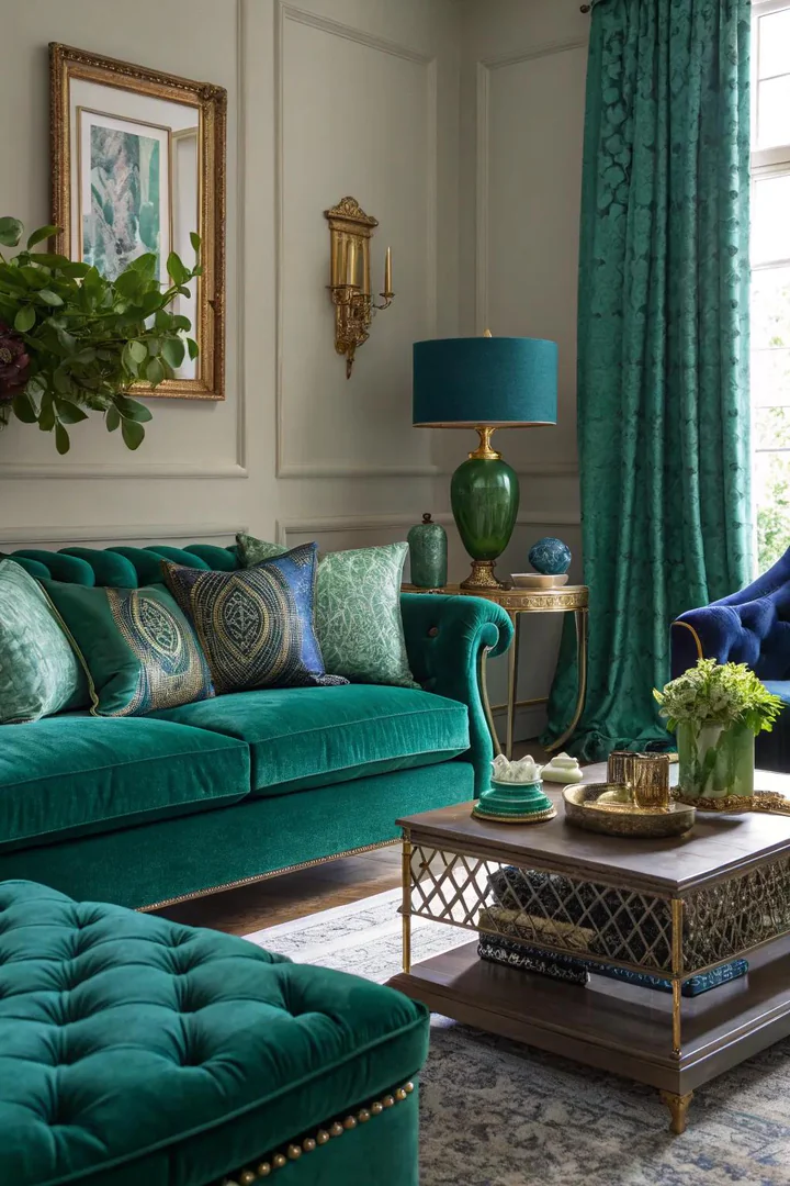 Jewel tones add a luxurious depth to this elegant living room.