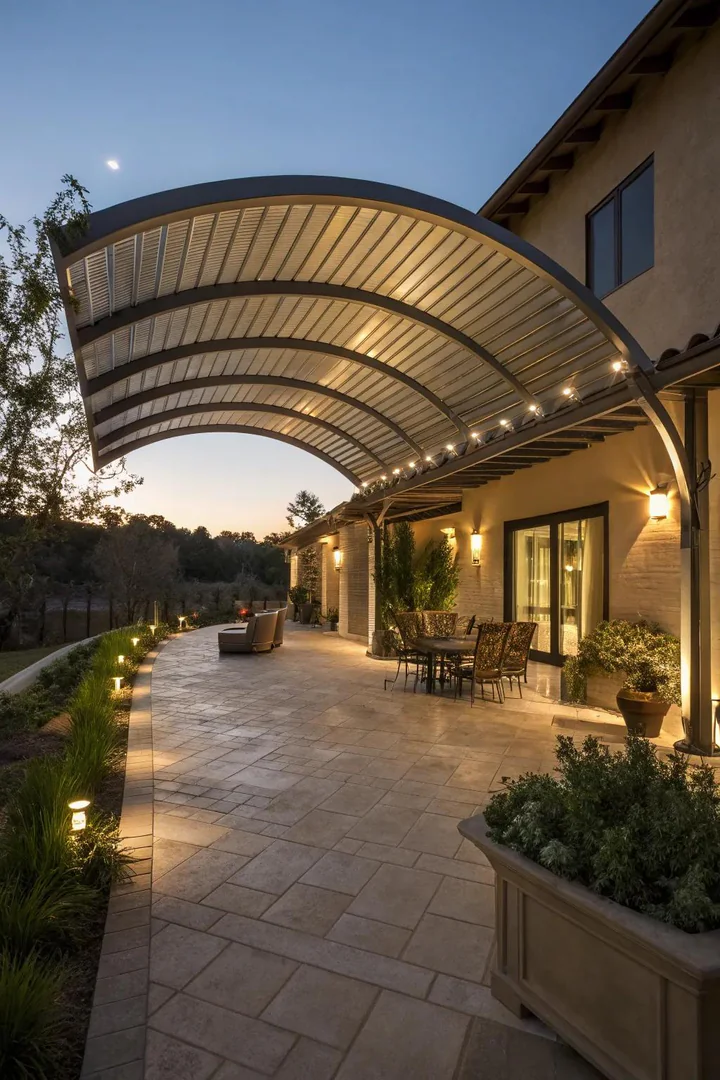curved barrel-vault metal roof over a patio with arched support ribs