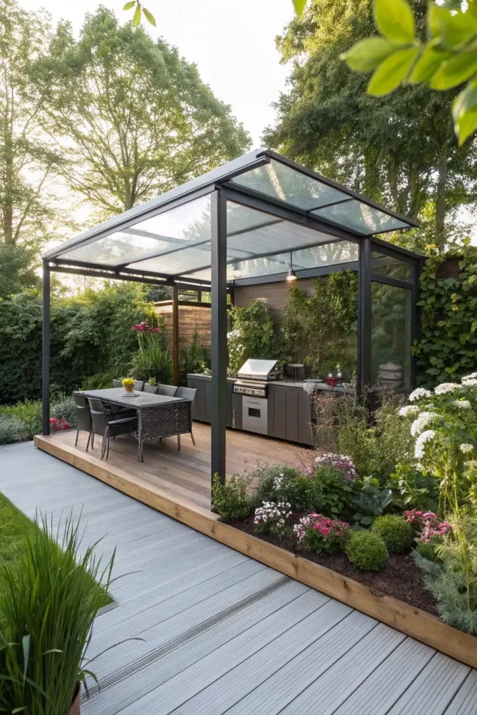 clear polycarbonate canopy over a BBQ area allowing full light while blocking rain