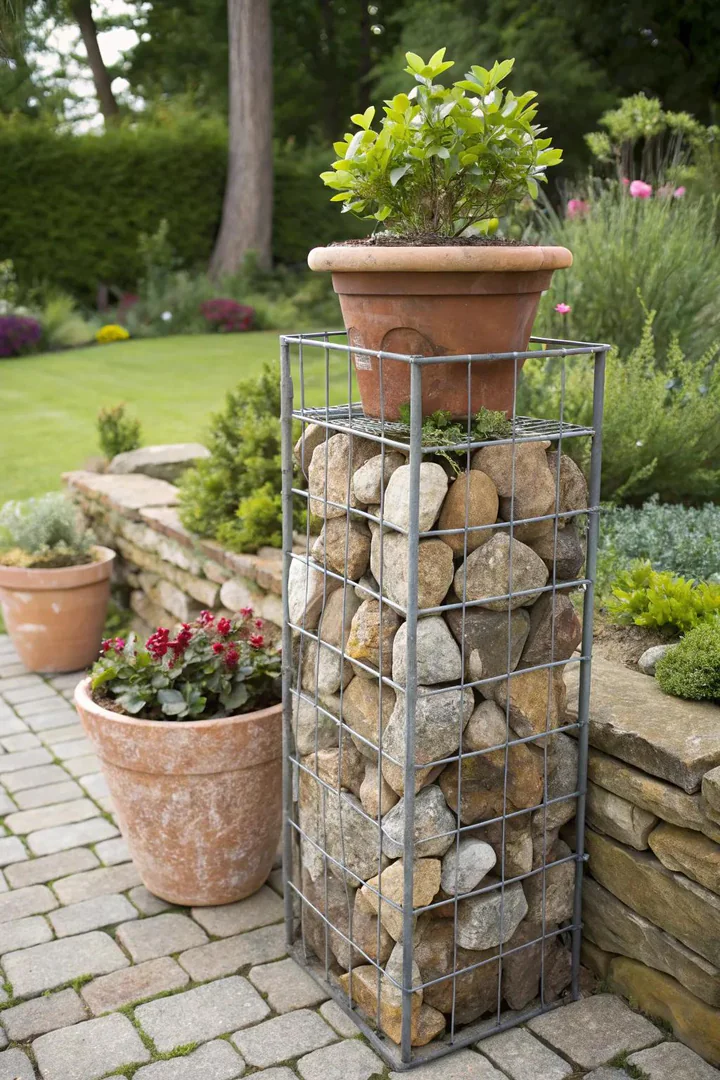 Gabion wire cage filled with river rock used as a plant stand base