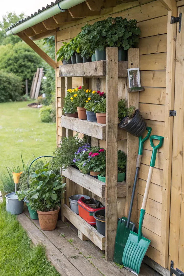Vertical pallet shelving unit mounted on a garden wall displaying potted plants