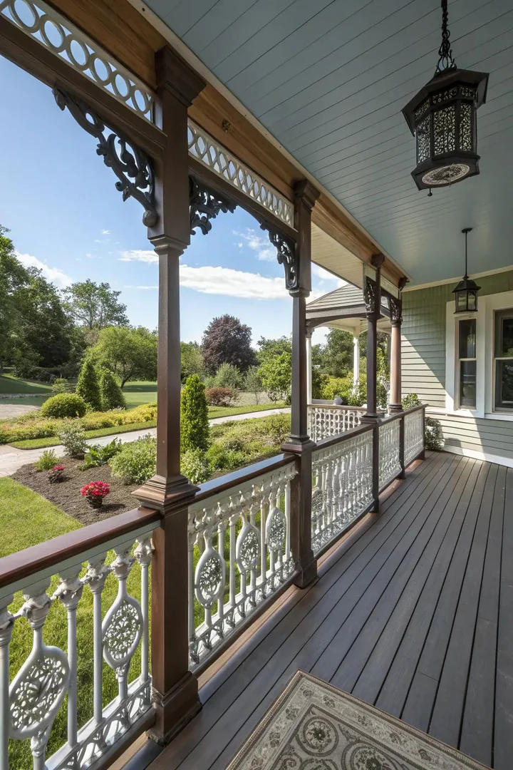 white painted wooden porch railing with turned balusters and a flat cap rail