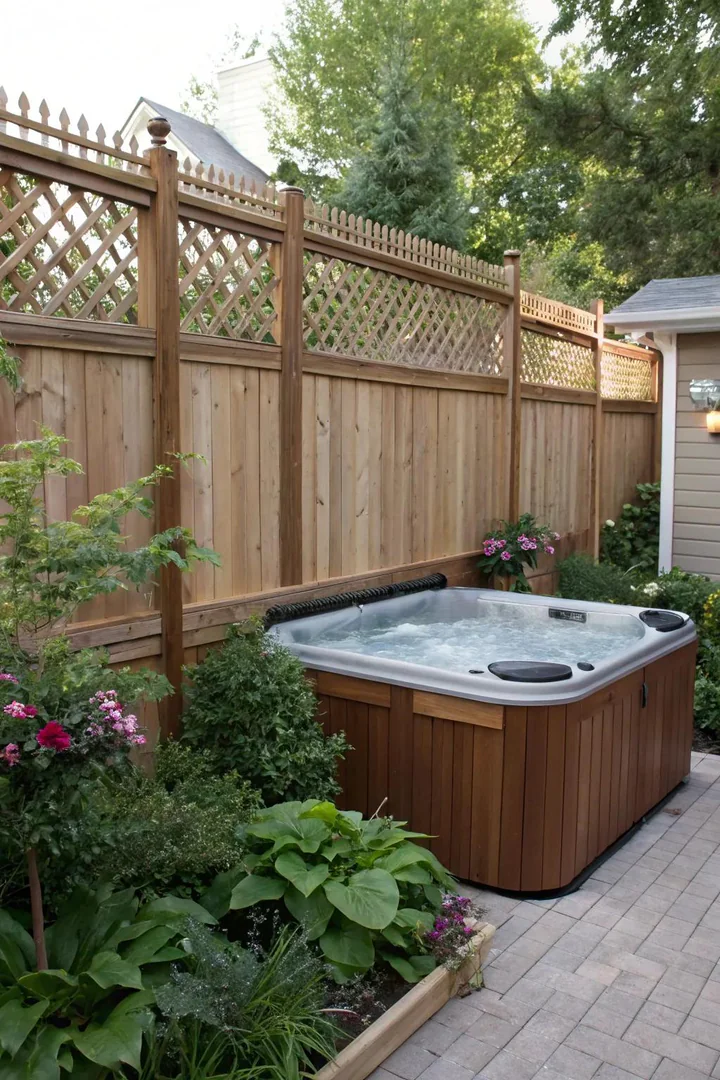 A privacy fence offers a classic and effective way to shield your hot tub area.