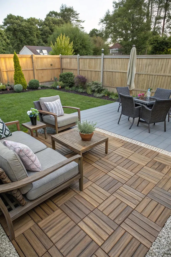 small apartment balcony patio covered with snap-together wood composite deck tiles