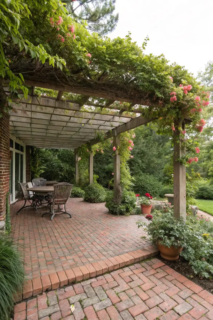 small brick patio under a white cedar pergola with string lights and climbing roses