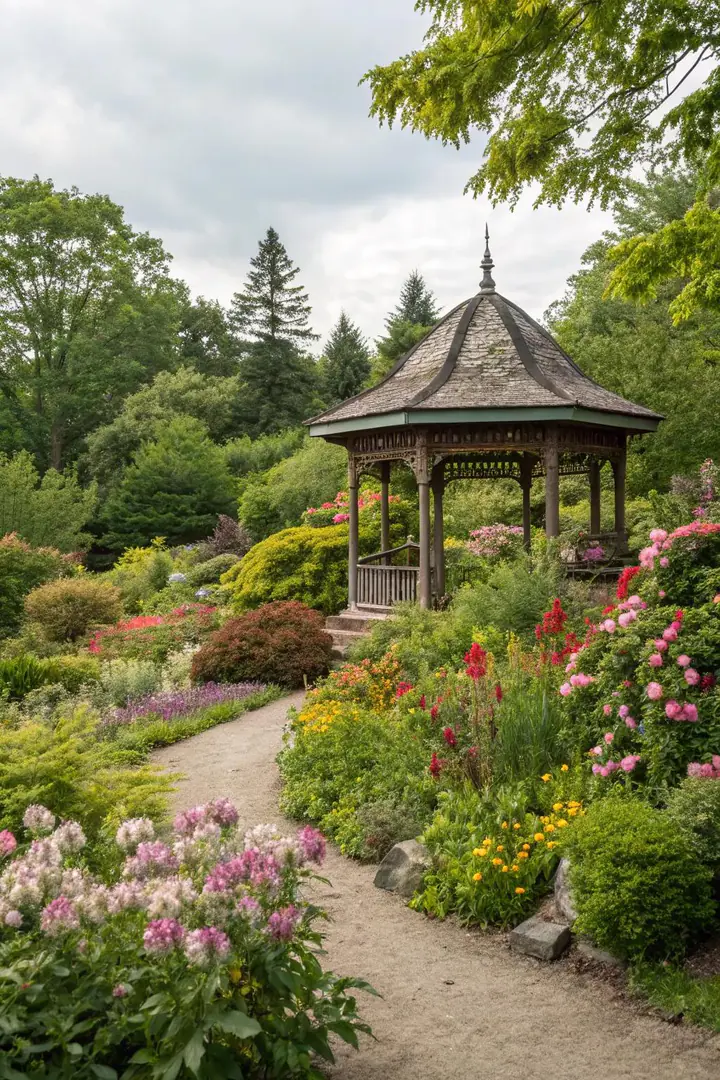 Garden pavilion surrounded by flowering shrubs and perennial planting beds