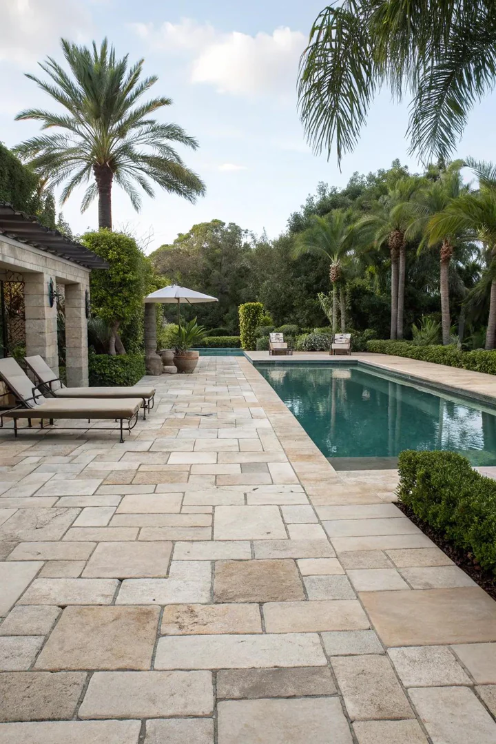 above-ground pool deck with curved railing sections and turned white balusters