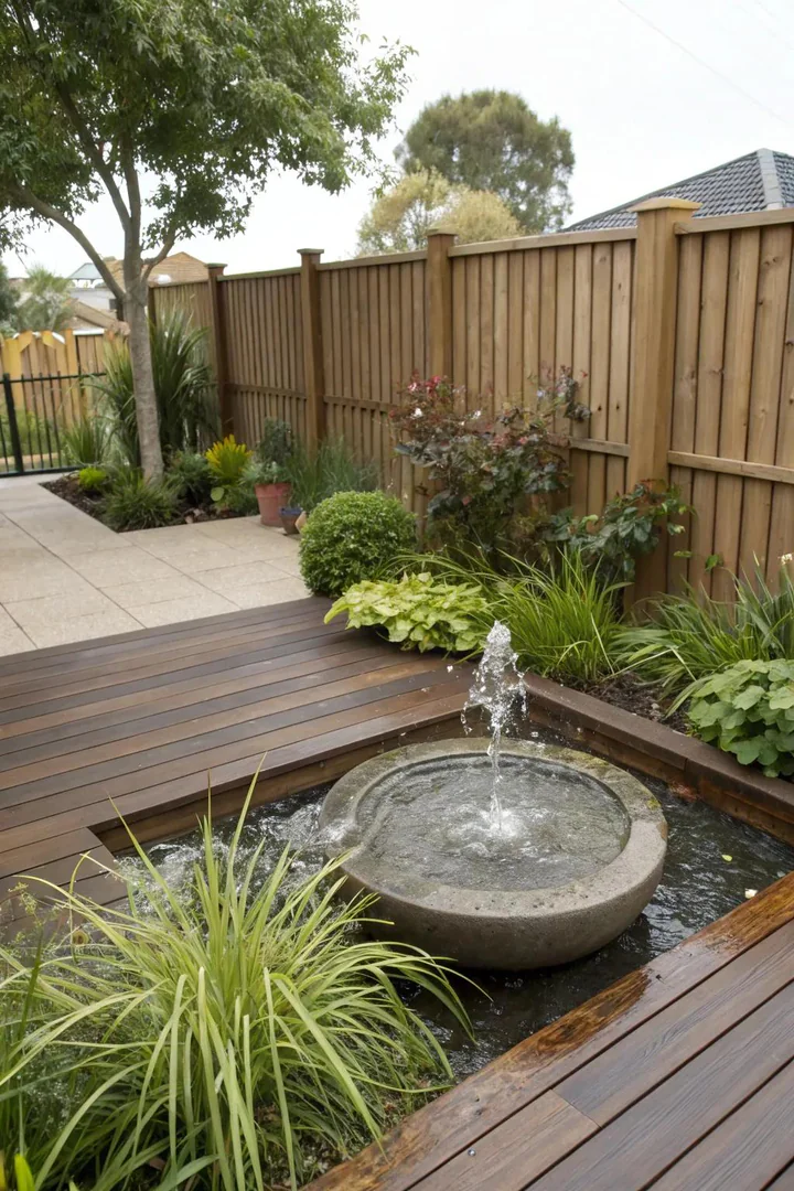 Deck with a built-in recirculating water feature and stone basin near the seating area