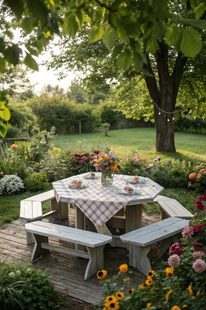 eight-sided octagon picnic table made from pressure-treated pine seating eight adults on a lawn